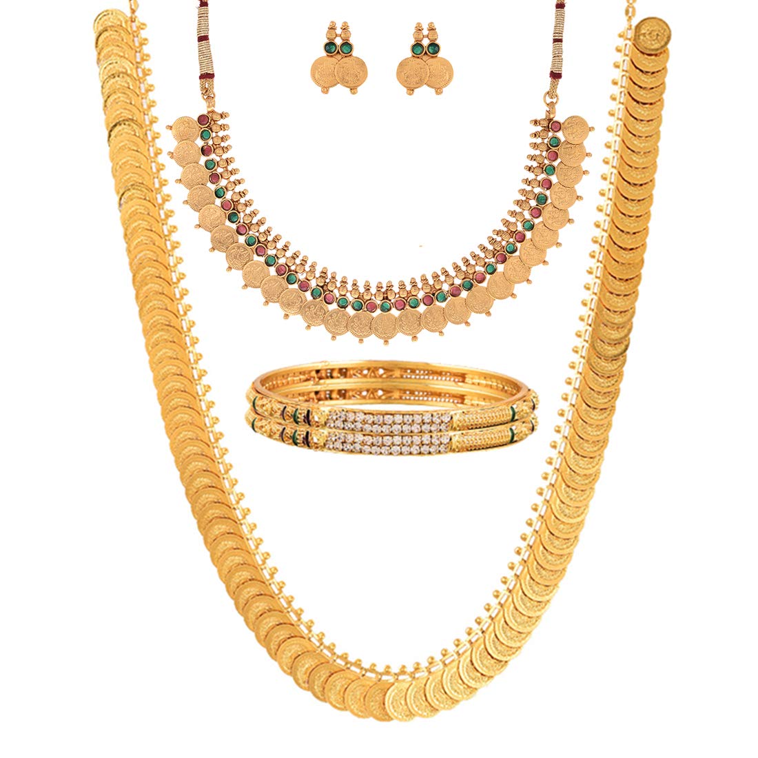 ZENEME Gold Plated and Bangles & Maharani Temple Coin Necklace Set for Women & Girls (Design_01, 2.6 Inches)