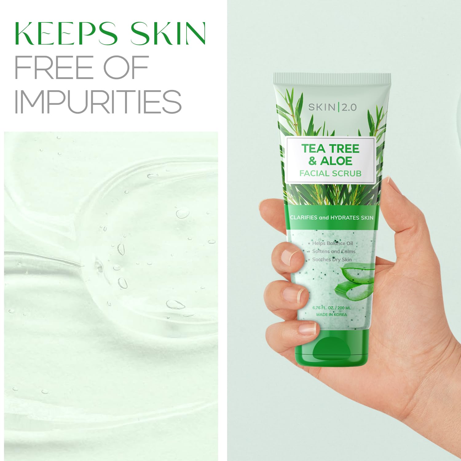 Skin 2.0 Tea Tree & Aloe Exfoliating Scrub 3Oz - Multi-Tasking Cleanser - Anti Aging Facial Scrub Treatment - Korean Naturally B