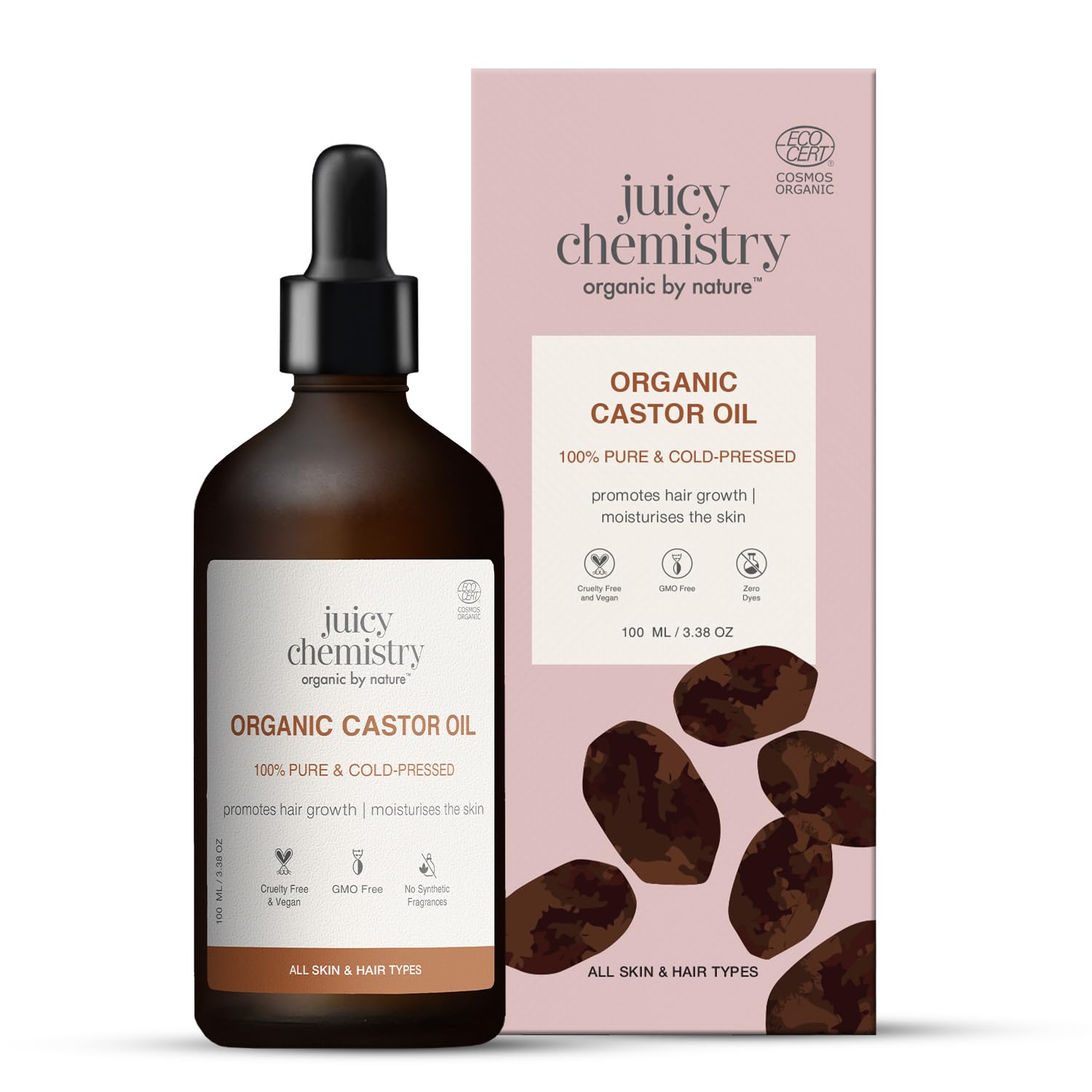 Juicy Chemistry Organic Castor Oil, 100 Ml | 100% Pure, Virgin, Cold Pressed & Certified Organic Carrier Oil | Boost Hair Growth
