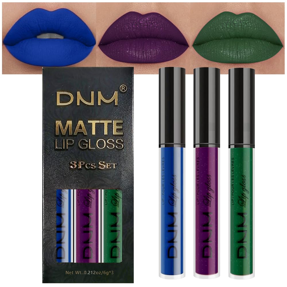 Amy'S Diary Blue Green Dark Purple Matte Plum Liquid Lipstick 3Pcs Sets,24-Hour Lipstick Long Lasting Permanent L Magic Lipstick