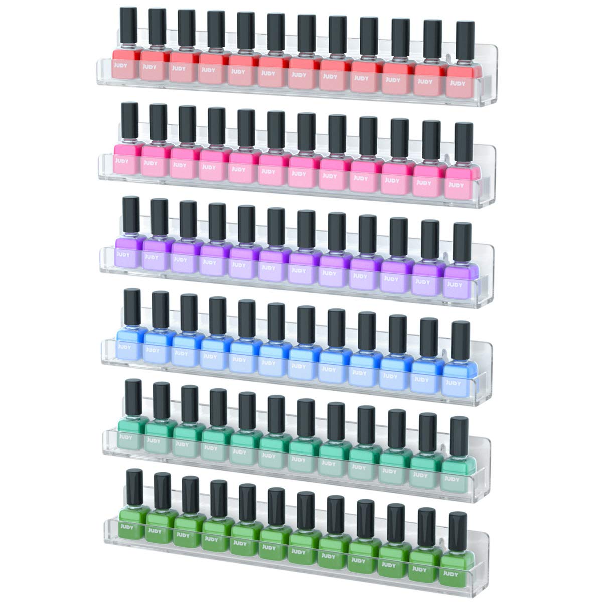 NIUBEE 6 Pack Nail Polish Rack Wall Mounted Shelf with Removable Anti-slip End Inserts, Clear Acrylic Nail Polish Organizer Disp