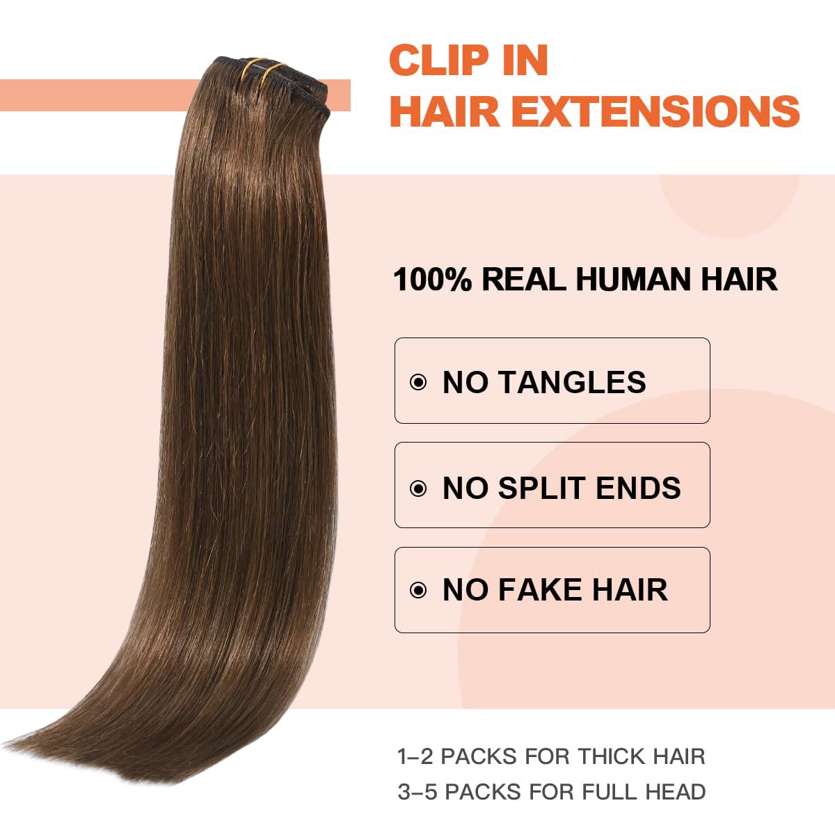 Ugotrays Medium Brown Hair Extensions Real Human Hair Clip In Hair Extensions 120G 7Pcs 18Inch,Soft & Natural Straight Double We