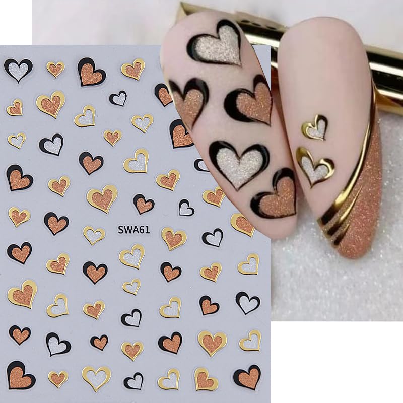 Valentine'S Day Nail Art Stickers Decals Love Heart Nail Stickers 6Pcs Golden Edge Love Heart Pattern Design 3D Self-Adhesive Na
