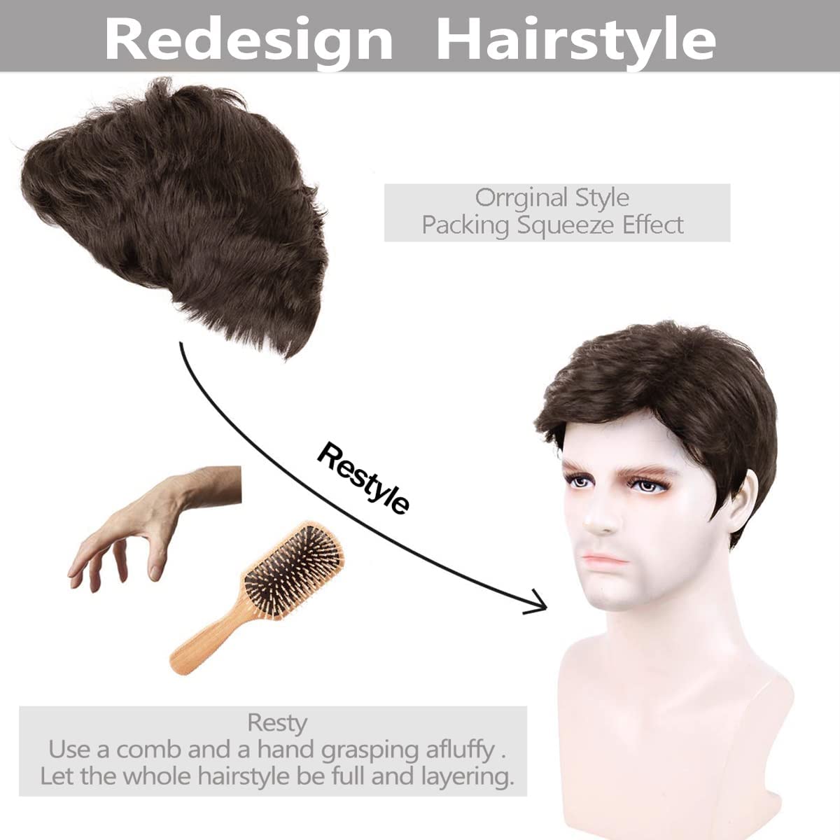 Creamily Mens Short Brown Wig Mens Curly Wigs Layered Natural Fluffy Synthetic Hair Wig Heat Resistant Halloween Costume Cosplay