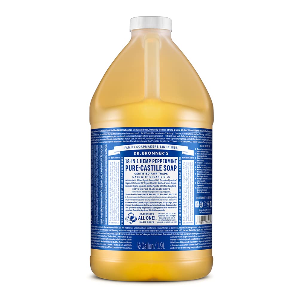 Dr. Broners- Pure-Castile Magic Liquid Soap (Peppermint 64,oz)- Made with Organic Oils- 18-in1 Uses: Hand & Body Soap, Face, Lau