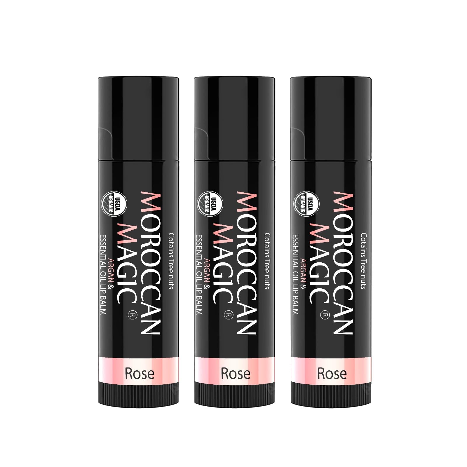Organic Moroccan Magic Lip Balm 3 Pack | Rose Lip Balm Set | Chapsticks for Dry Lips | Made with Natural Argan, Essential Oils L