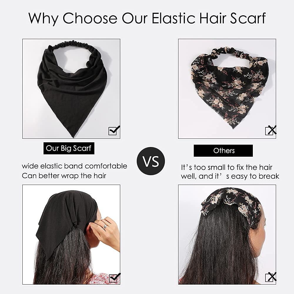 6 Pack Scarf Headband For Women - Elastic Large Boho Triangle Bandana Head Scarves With Clips Non Slip Solid Color Hair Kerchief