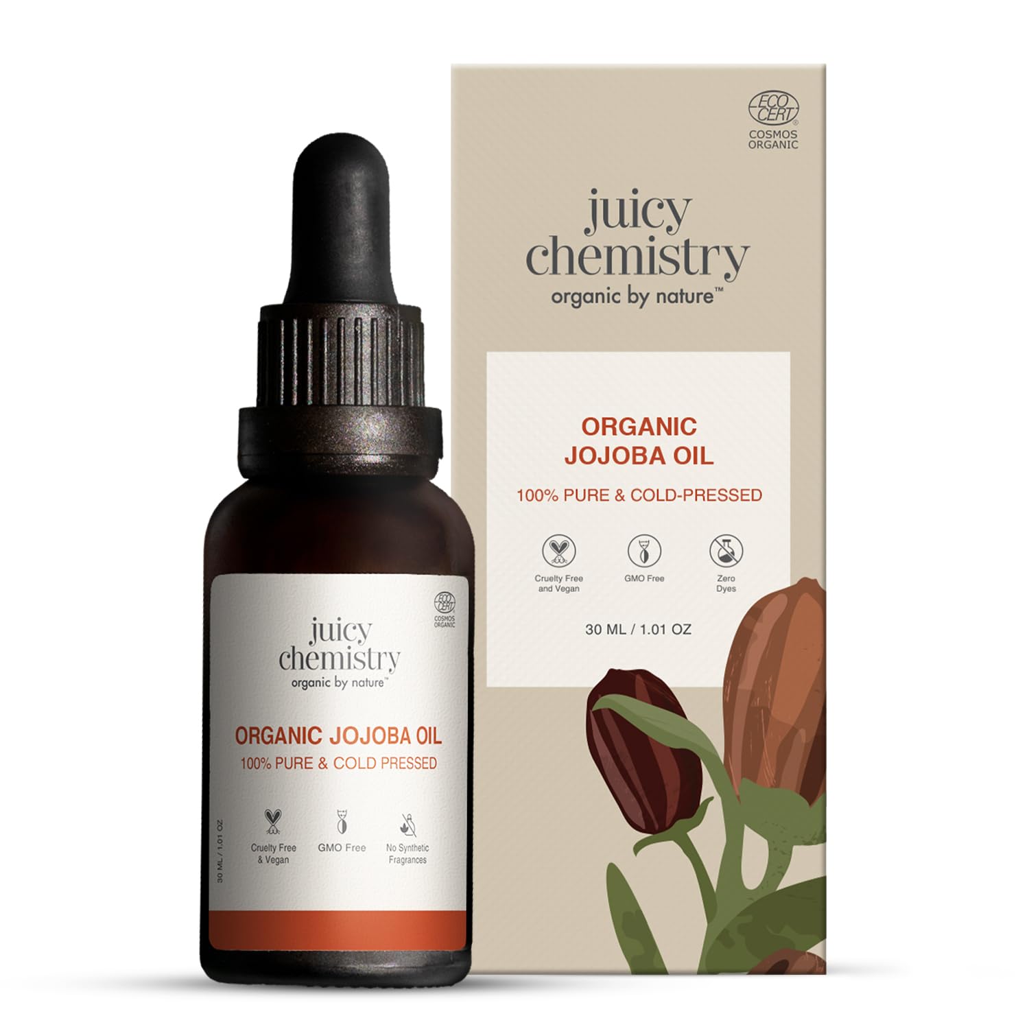 Juicy Chemistry Organic Jojoba Oil, 30 Ml | 100% Pure, Cold Pressed & Virgin | Carrier Oil For Skin, Hair & Cuticles | Naturally