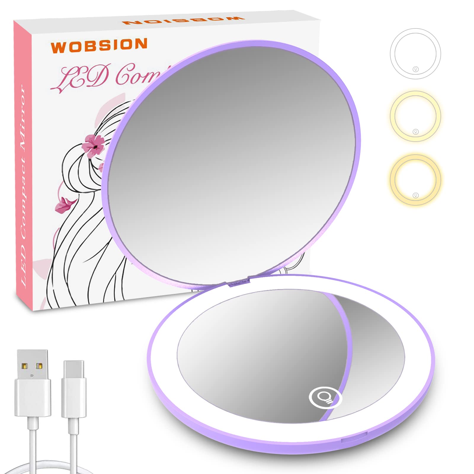 Wobsion Rechargeable Led Travel Mirror, 1X/10X Magnification Compact Mirror With Light, Dimmable Led Travel Makeup Mirror,3 Colo