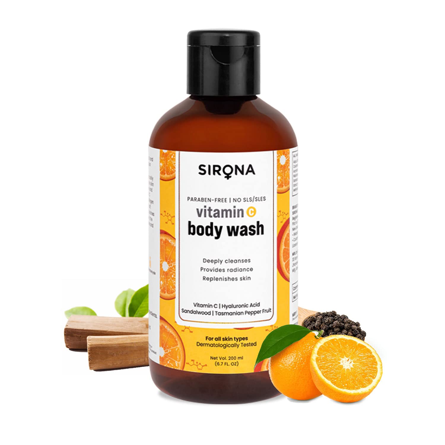 Sirona Natural Vitamin C Body Wash for Men & Women - 200 ml | Gel Based Shower Gel with Hyaluronic Acid, Sandalwood & Tasmanian 