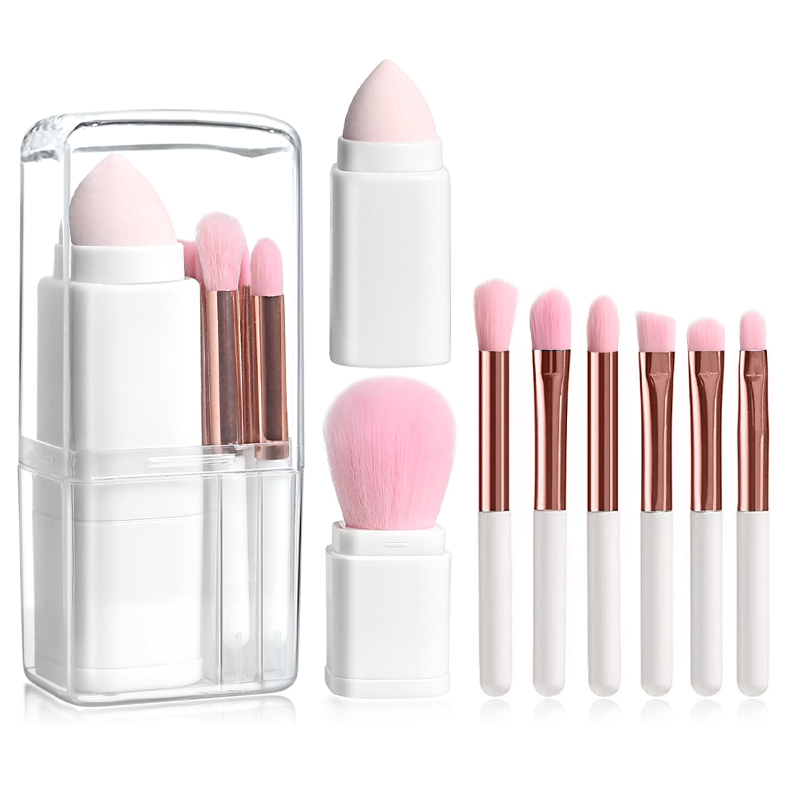 Portable Retractable Makeup Brushes Set 8 in 1 Travel Beauty Sponge All in One Make Up Brushes Set Angled Brush, Lip Brush, Eyes