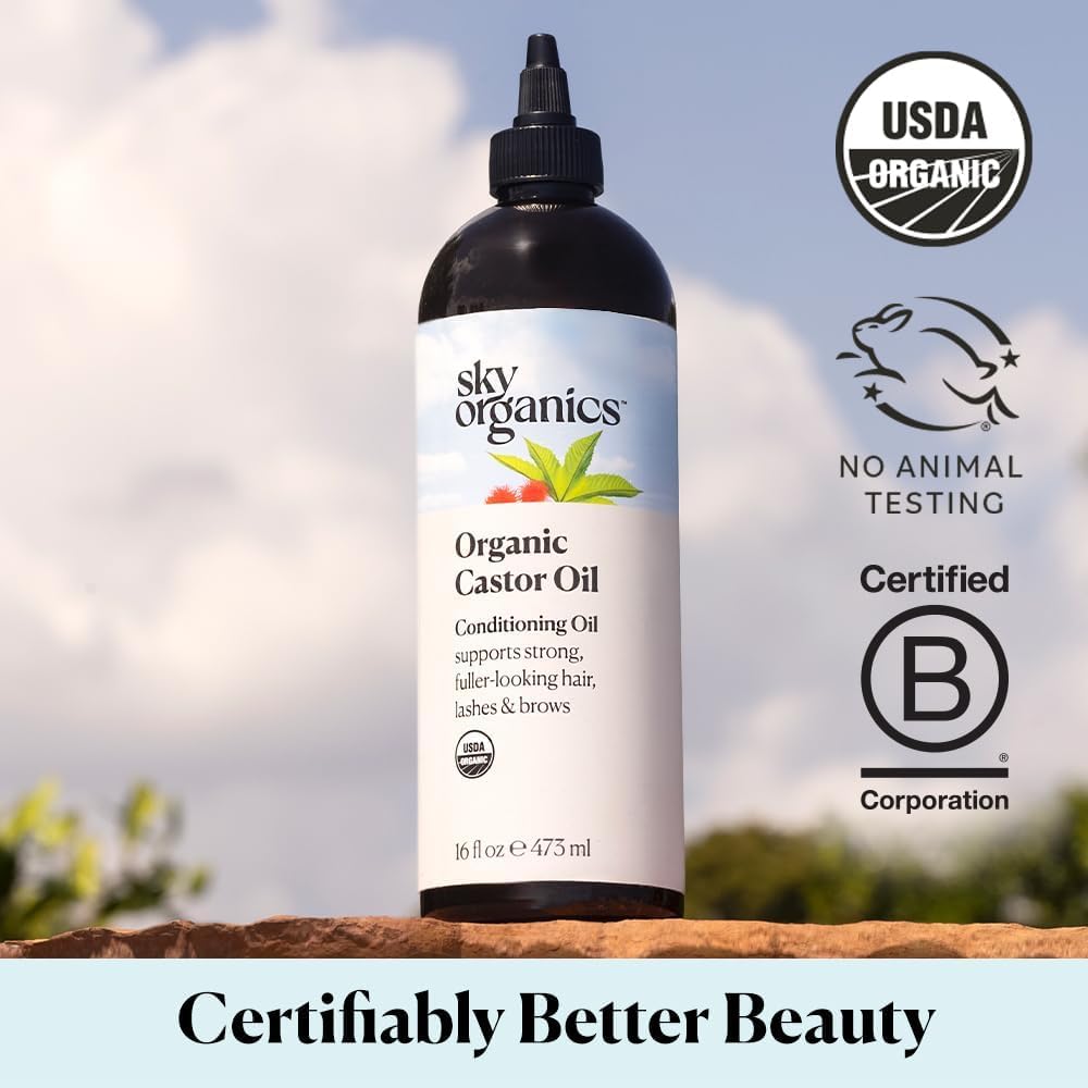 Sky Organics Organic Castor Oil for Hair, hexane free Lashes & Brows 100% Pure & Cold-Pressed USDA Certified Organic to Strength
