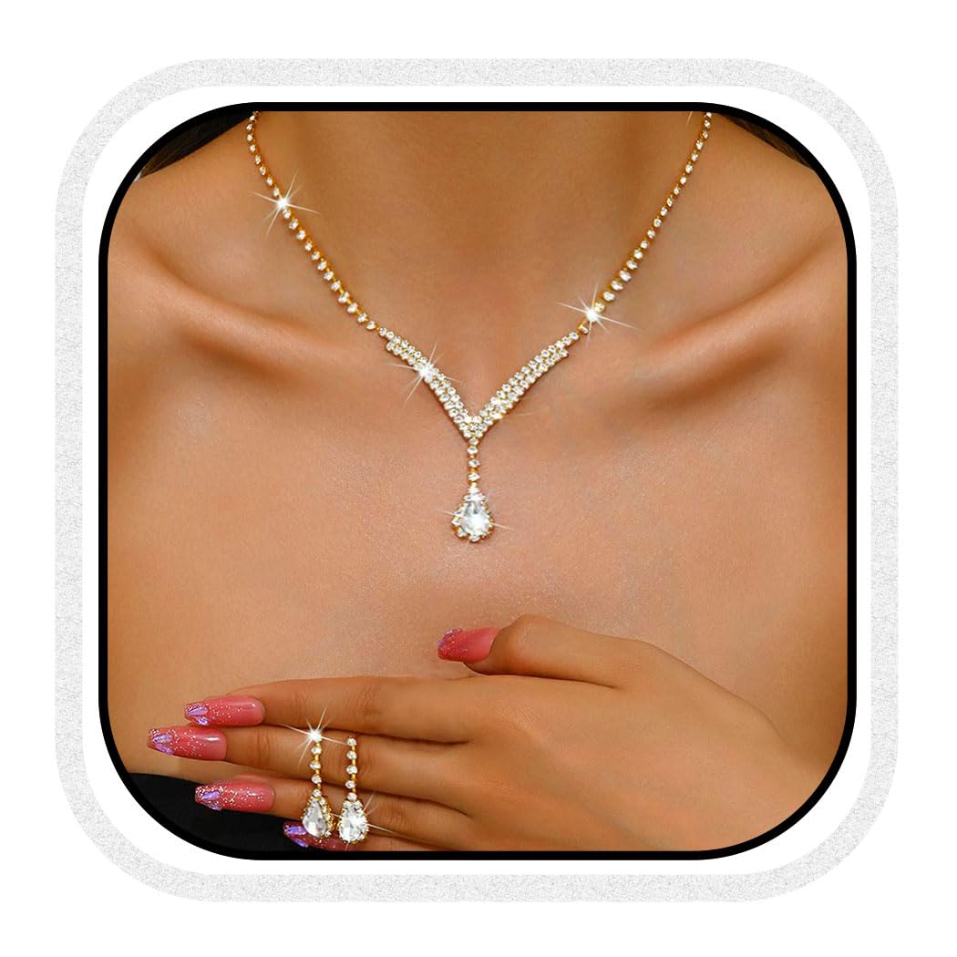 Unicra Bridal Wedding Jewelry Set Gold Rhinestone Necklace Earrings Sets Formal Costume Jewelry for Women and Brides (A-Gold)