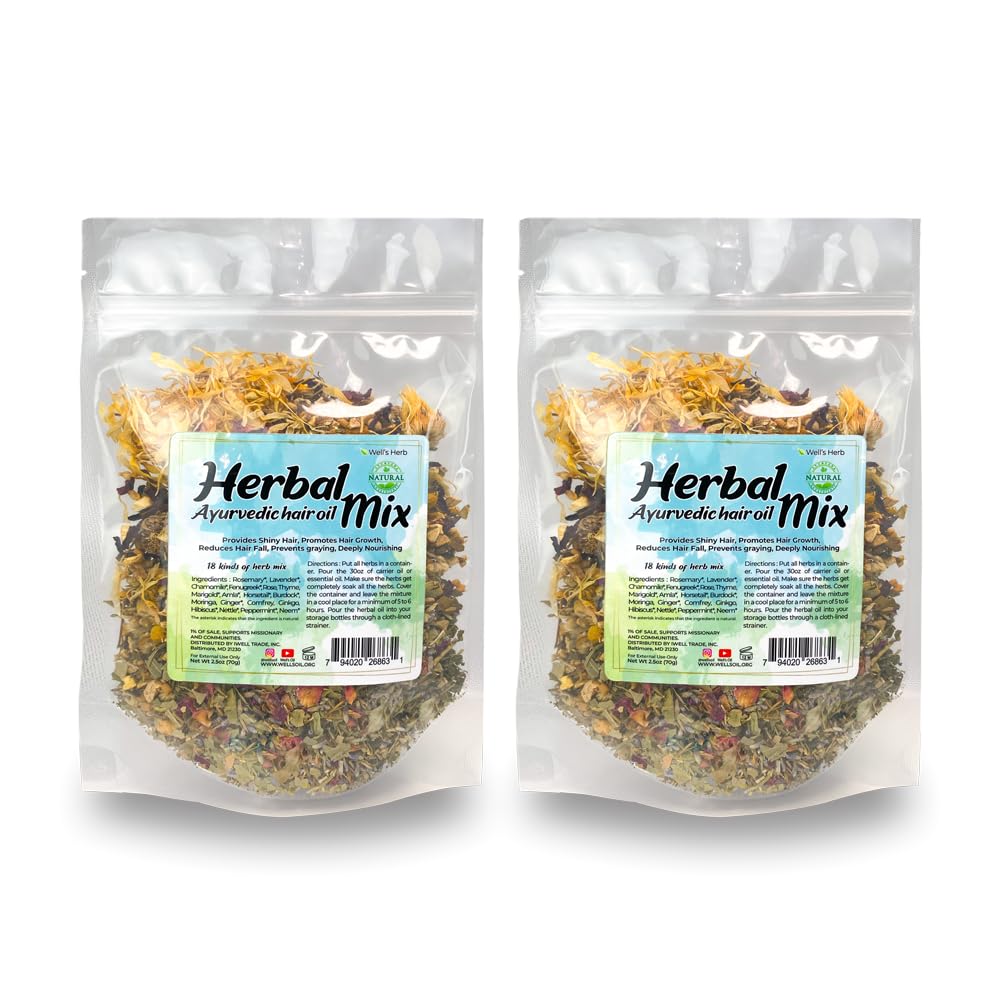 Wells Herb | Ayurvedic Hair Oil Mix | 2.5Oz(70G) X 2 Pack | 18 Kinds Of Essential Herb | Hair Growth | Hair Repair | Hair Fall |