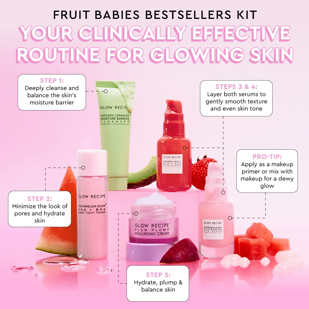 glow Recipe - Fruit Babies Bestsellers Kit - Mini Travel Size Beauty Essentials - Avocado Foam cleanser, Niacinamide Dew Drops S