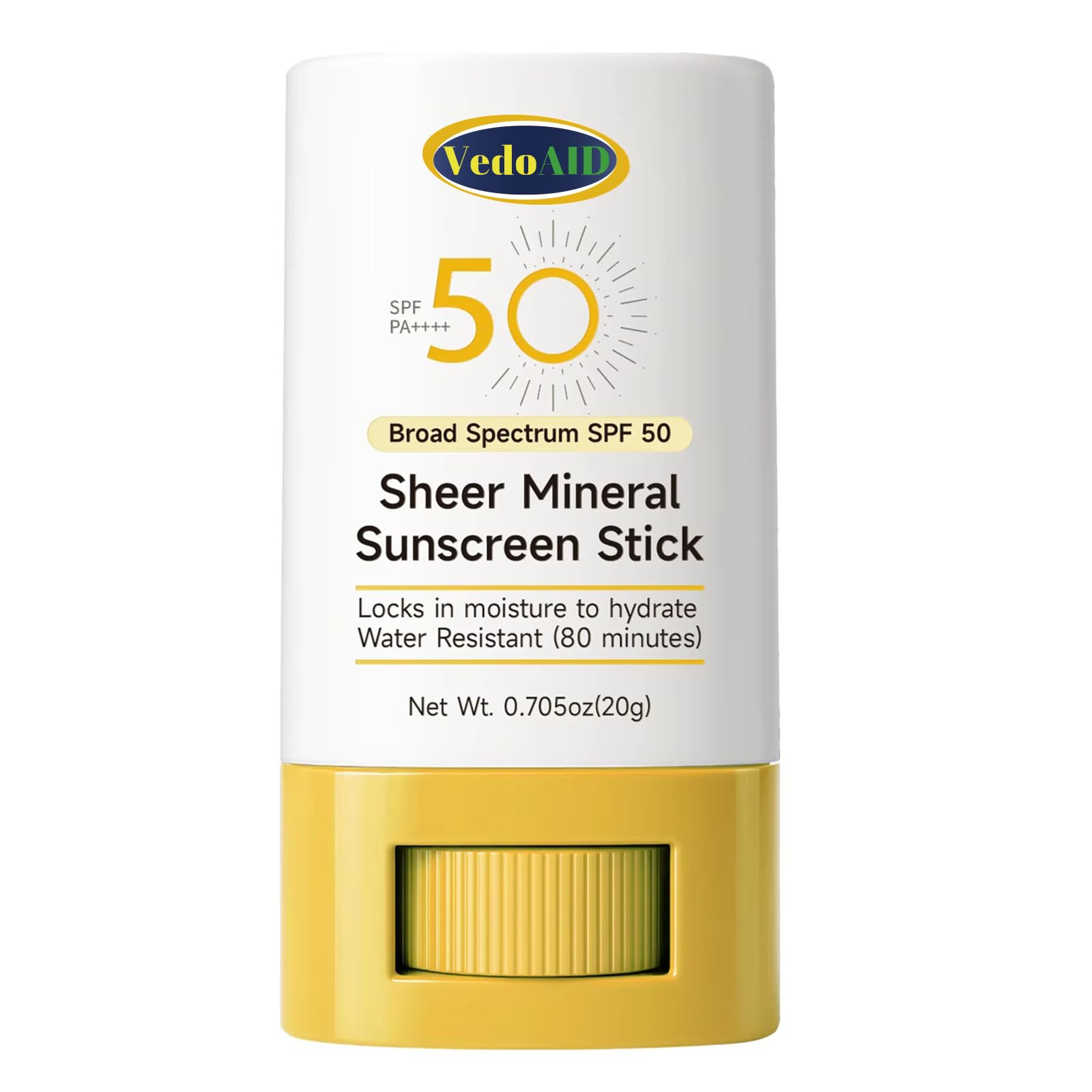 VedoAID Sheer Mineral Sunscreen Stick, SPF 50 Broad Spectrum, Water Resistant, Hydrating with Vitamin E, Zinc Oxide, 0.705 oz