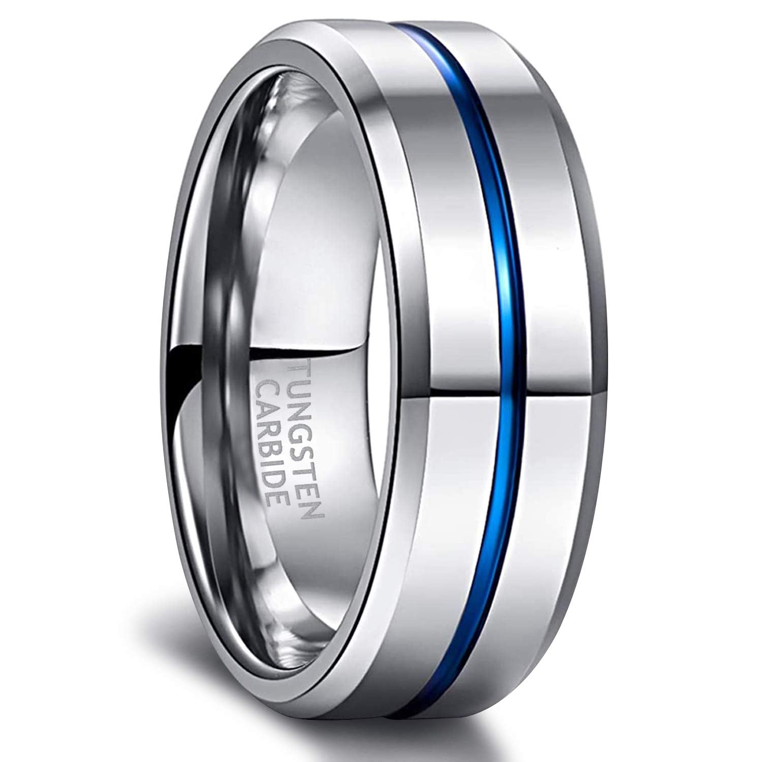 Greenpod 8MM Tungsten Carbide Rings Silver Blue High Polished Beveled Edge Wedding Band for Men Women Size 10