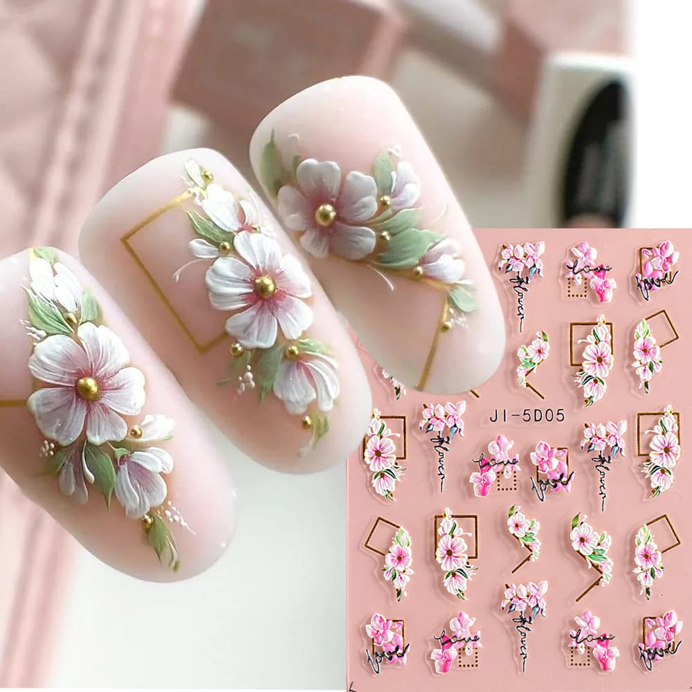 5D Flowers Nail Art Stickers 4 Sheets Pink Flowers Geometric Lines Decor Acrylic Embossed Sliders Gold Strips Nail Decals Acryli