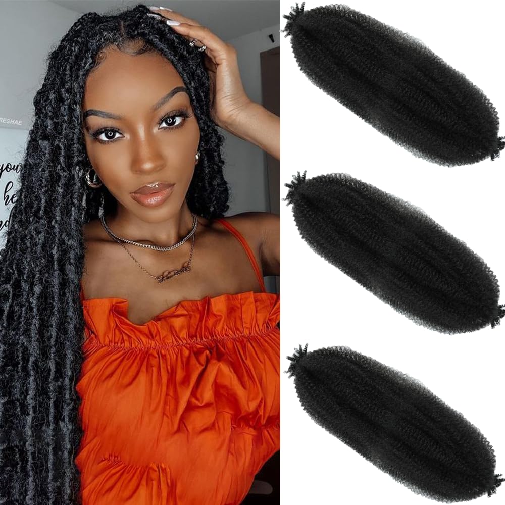 Springy Afro Twist Hair 20 Inch 3 Packs Pre Fluffed Marley Twist Braiding Hair for Black Women (20 inch, 1B)