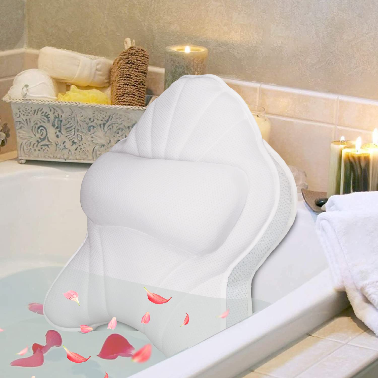 Poemland Extra Thick Large Bath Pillow With Neck,Back,Head Support For Bathtub, Spa, Soaking White(19''X15'')