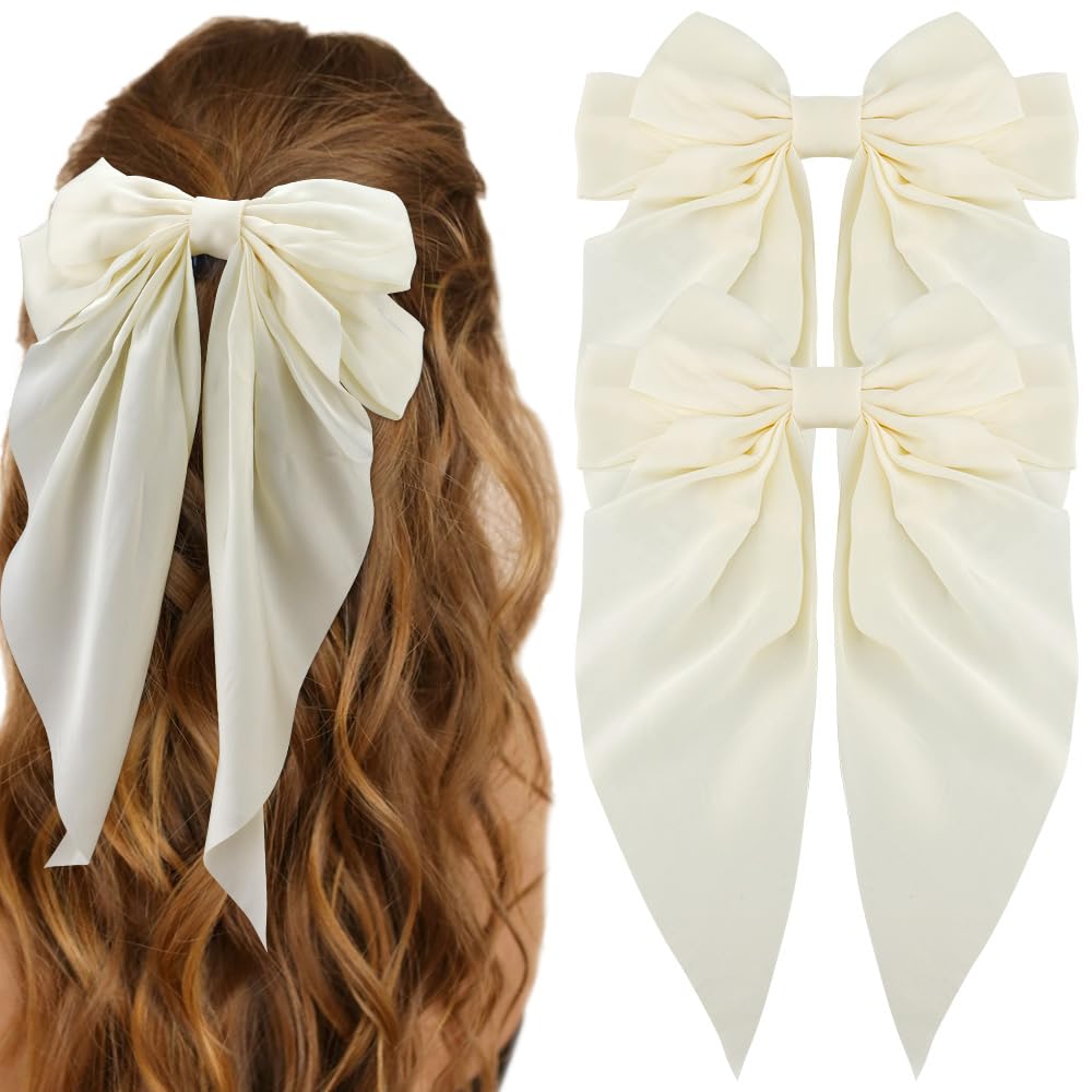 ATODEN White Silky Satin Large Oversized Hair Bows with Long Tail and Metal Clips - 2Pcs Aesthetic Bowknot Hair Clips for Women,