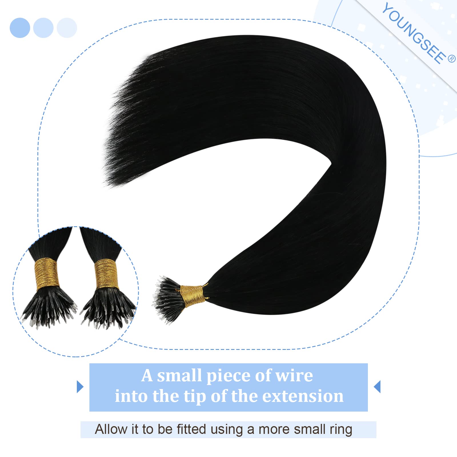 Youngsee Nano Bead Hair Extensions Human Hair Black Nano Extensions Human Hair Jet Black Nano Tip Hair Extensions Silky Straight