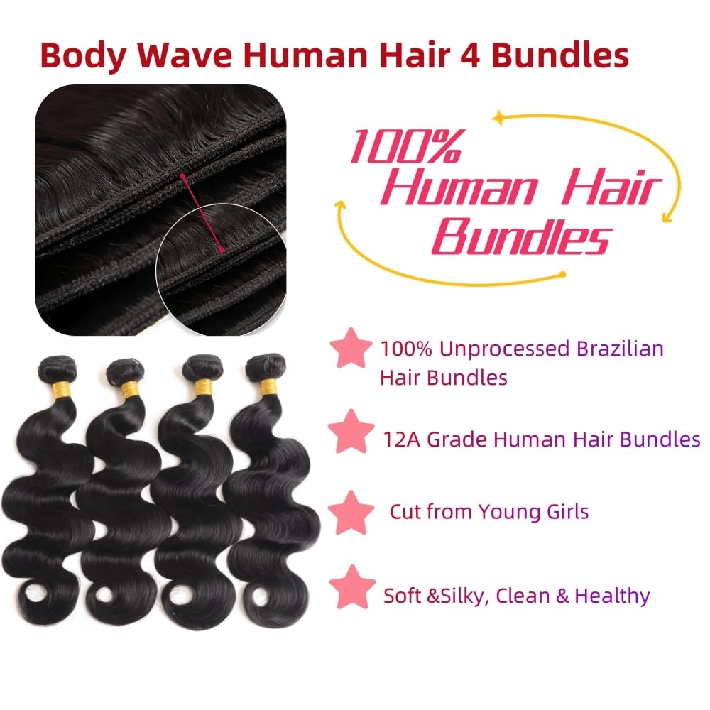 Body Wave Bundles Human Hair (28 30 32 34 Inch,4 Bundles Human Hair) Unprocessed Human Hair Bundles Double Weft Weave Brazilian