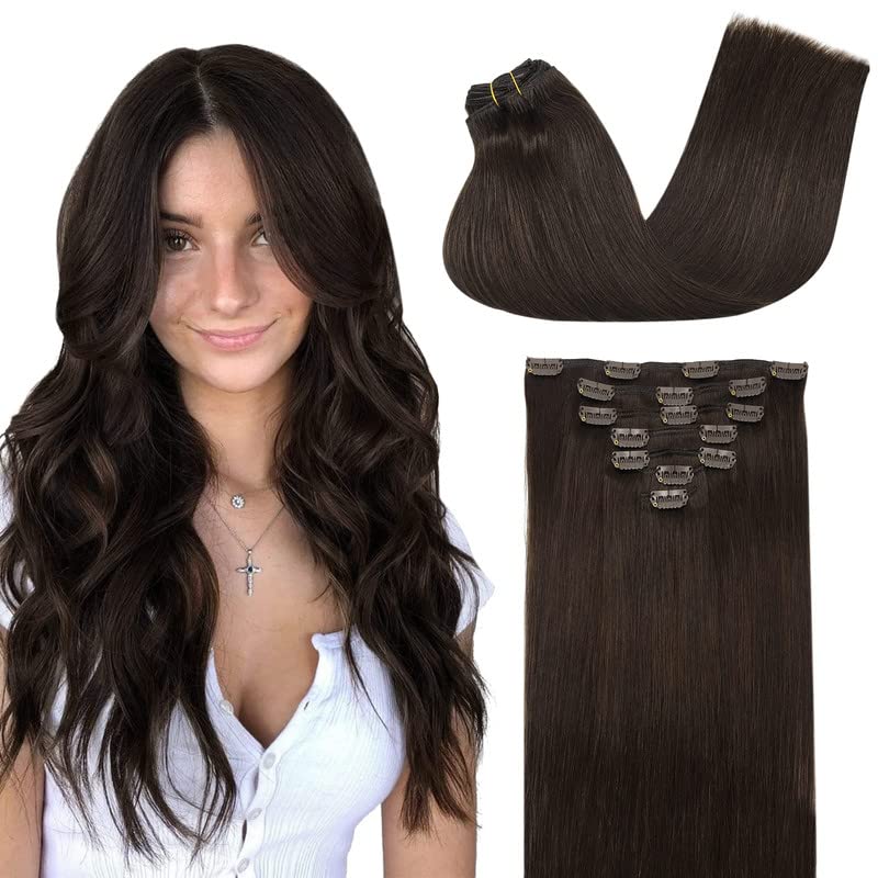 GOO GOO Clip in Hair Extensions Real Human Hair, 12inch 85g 7Pcs, 2A Light Brown, Remy Human Hair Extensions Clip ins for Women,