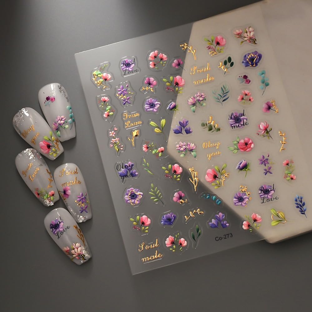 5D Embossed Flower Nail Art Stickers Floral Nail Stickers Flower Nail Decals Self-Adhesive With Leaf Designs Spring Summer Nail