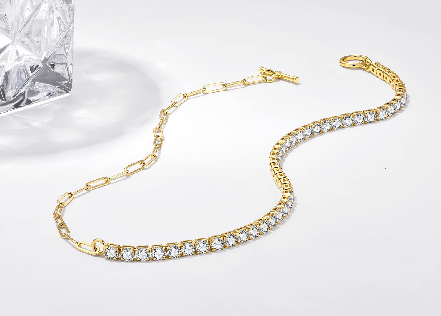 NUZON Gold CZ Tennis Necklace for Women 18K Gold Plated Paper Clip Link Chain Choker Sparkly Diamond Layering Jewelry Toggle Cla
