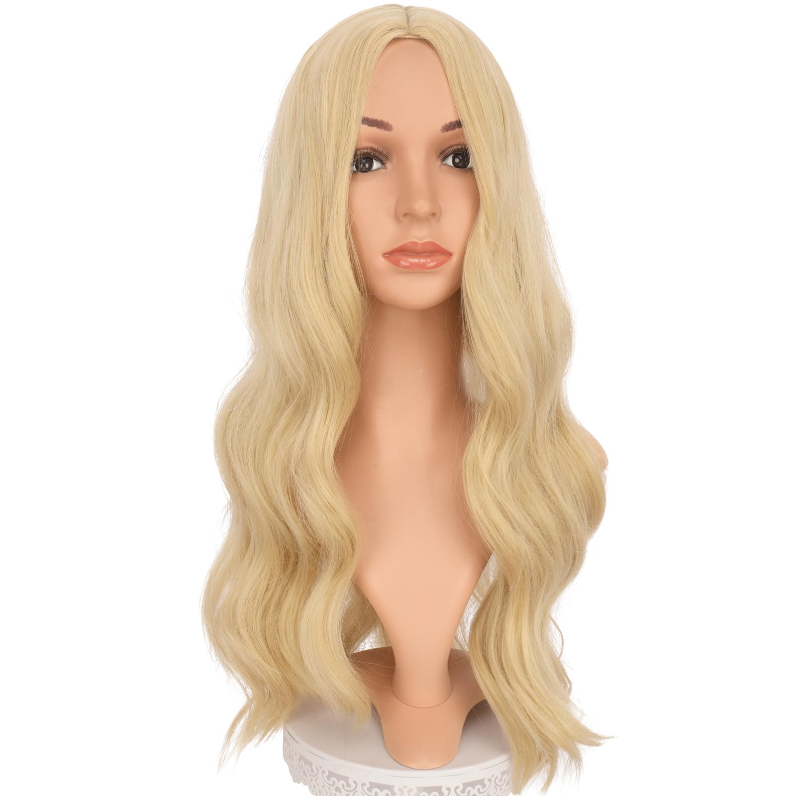 Feshfen Long Blonde Wigs For Women 22 Inch Blonde Long Wavy Full Wig Middle Parting Wigs Natural Looking Synthetic Wig For Daily