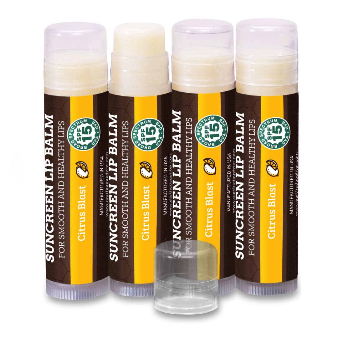 Spf Lip Balm 4-Pack By Earth'S Daughter - Lip Sunscreen, Spf 15, Organic Ingredients, Citrus Flavor, Beeswax, Coconut Oil, Vitam