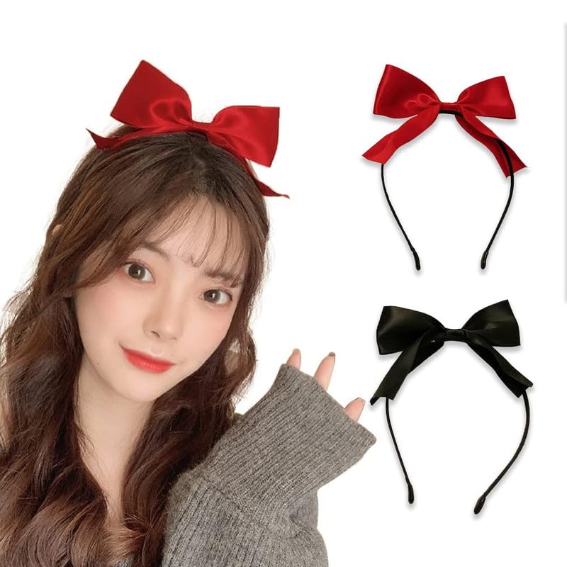 Shidara 2 Pcs Bow Headband Red Bowknot Headbands For Women Girls|Black Bows Hair Hoop For Women Bowknots Hair Bands Handmade Bow