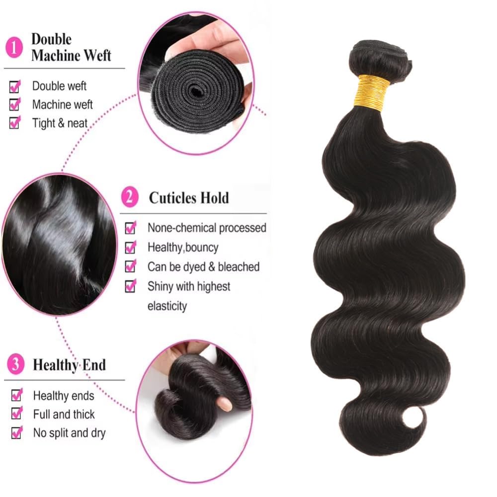 Huarisi 10A Brazilian Body Wave Human Hair Bundles, 24-26 Inch, 100% Unprocessed Virgin, 2 Bundles for Women, Natural Black, Sew