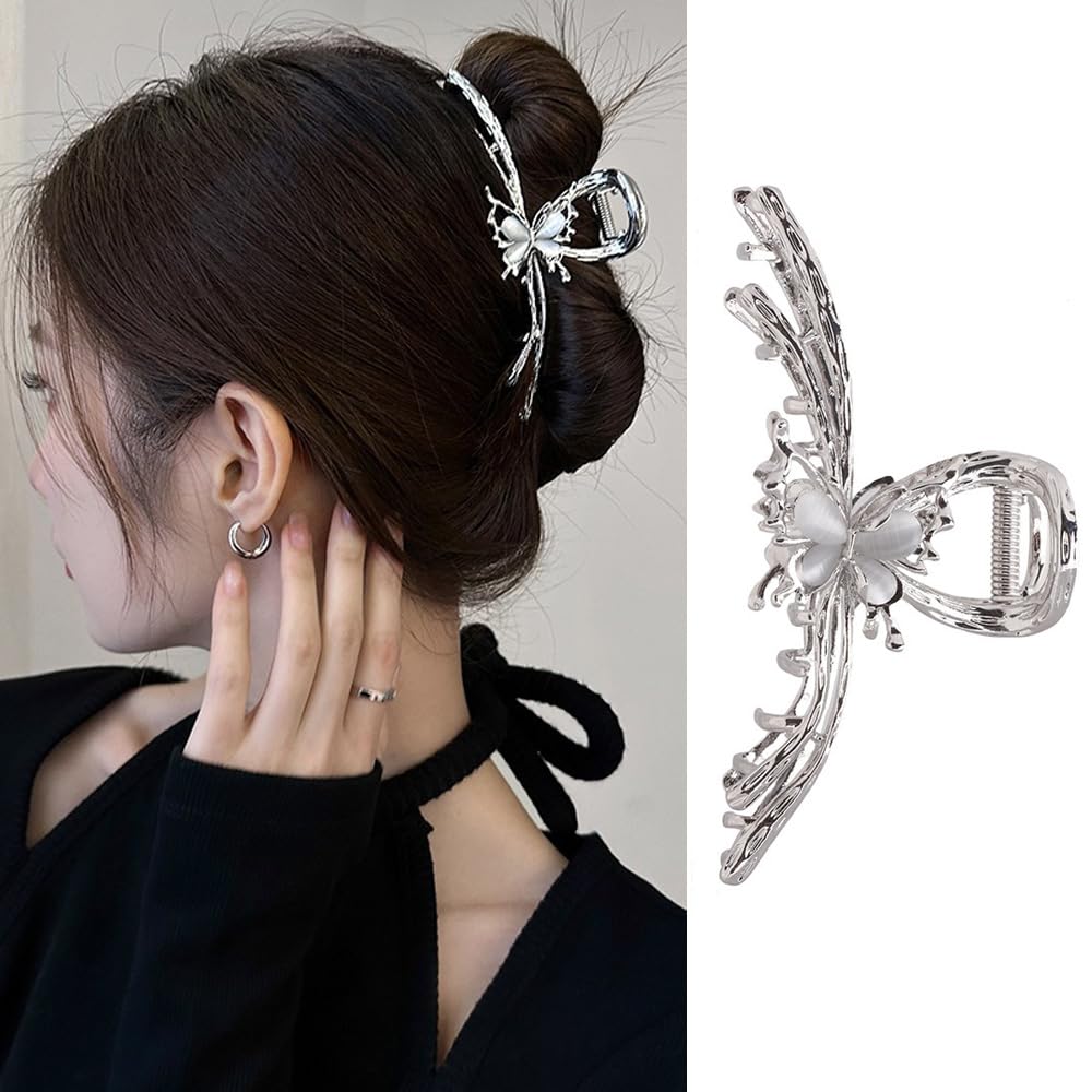 Metal Sliver Cat's Eyes Stone Butterfly Hair Claw Clips - Cool Style No-Slip Clasp Accessories for Women, Birthday Gift or Weddi