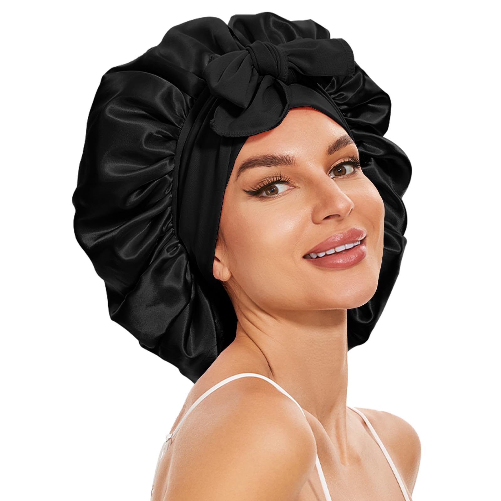Large Satin Bonnet Silk Bonnet Hair Bonnet For Sleeping, Double Layer Satin Hair Bonnet For Sleeping With Tie Band Shower Cap