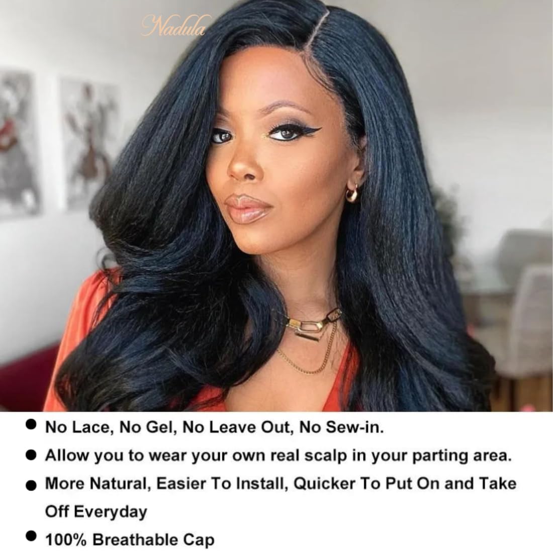 Nadula V Part Wig Yaki Straight Human Hair No Leave Out Glueless Upgraded U Part Wigs For Women,10A Yaki Straight V-Part Wigs V