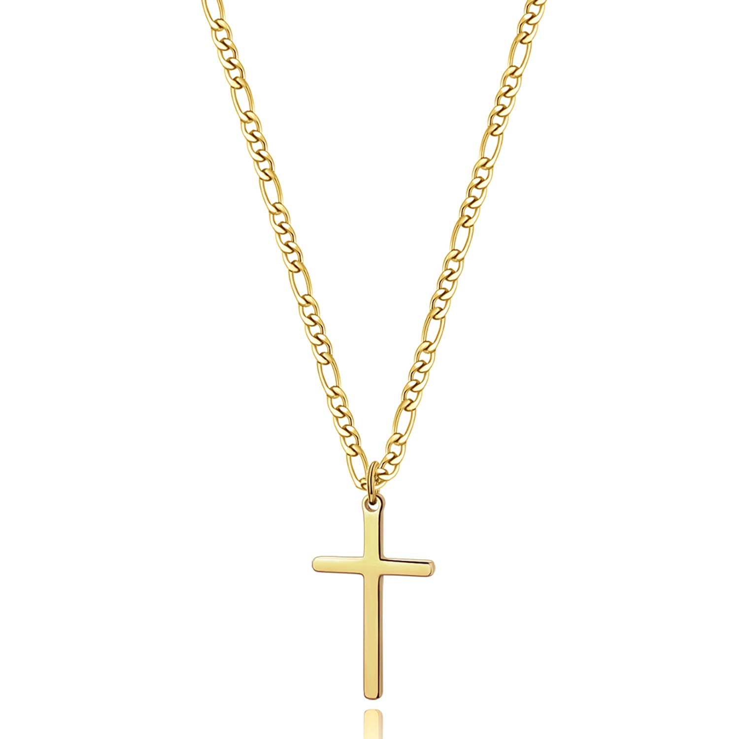 14K Gold Filled Cross Necklace for Men Figaro Chain Stainless Steel Plain Polished Cross Pendant Necklace Simple Faith Jewelry G