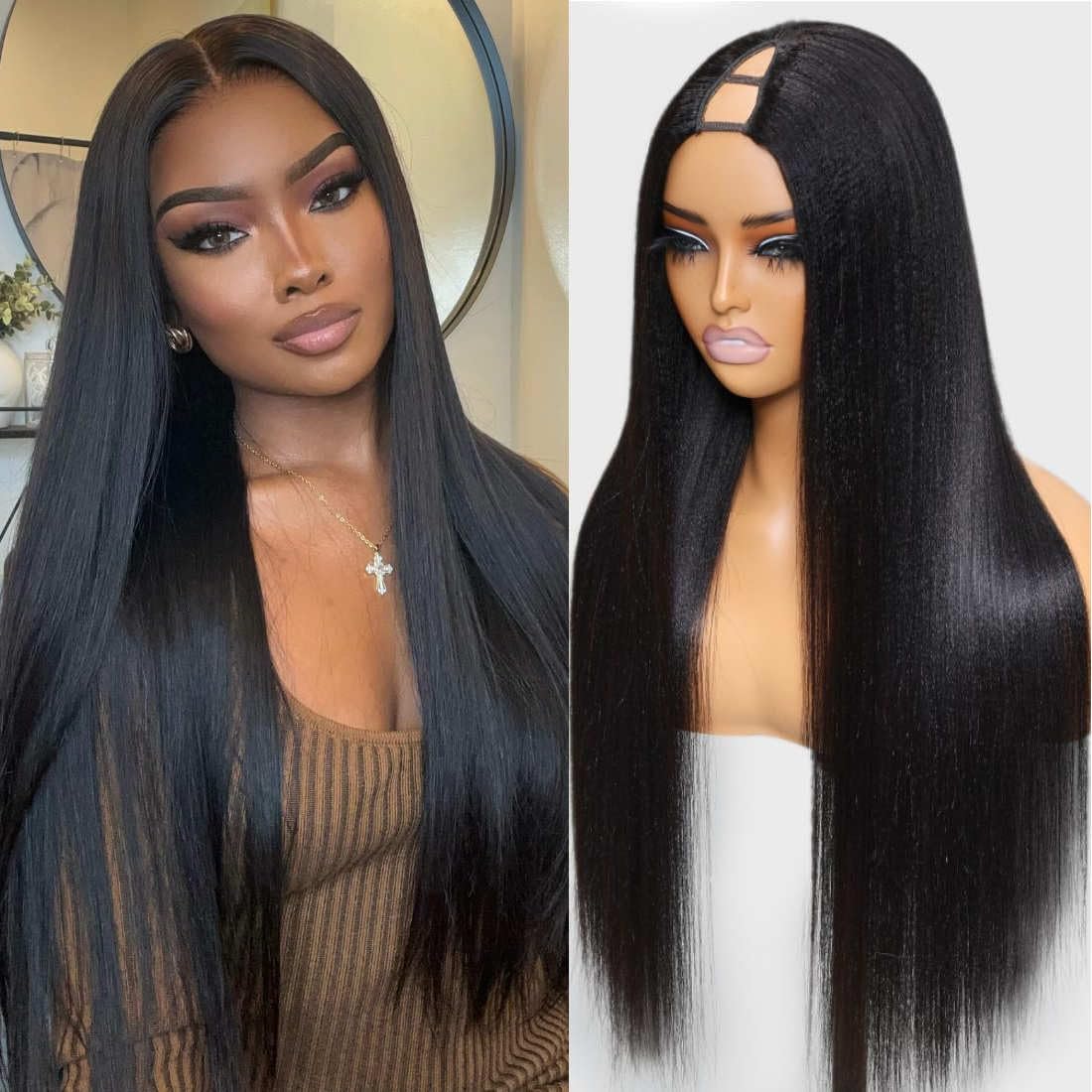 Beauty Forever Yaki Straight V Part Wig Human Hair Wigs for Women Upgrade U Part Wig Glueless Wig Natural Color
