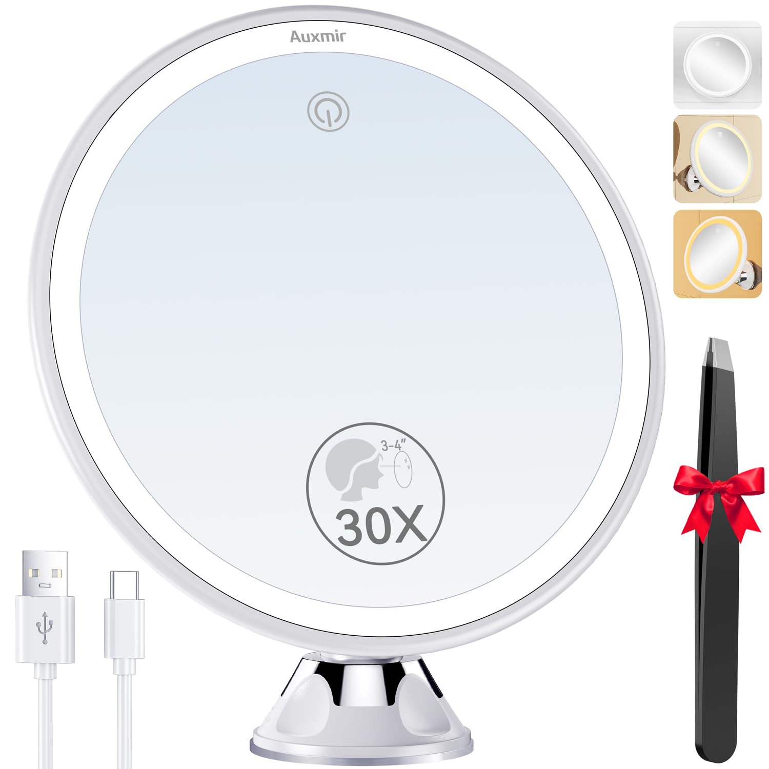 Auxmir 30X Magnifying Lighted Makeup Mirror with 3 Color Lights, 8 Rechargeable Vanity Mirror with Power Suction Cup
