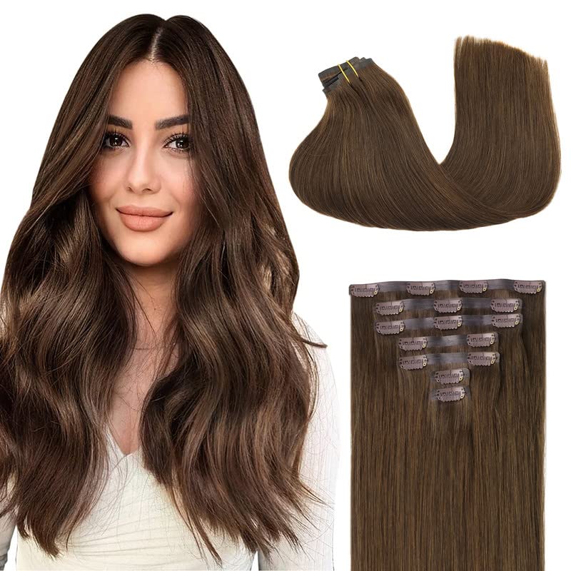 GOO GOO Clip in Hair Extensions Real Human Hair, 14inch 110g 7Pcs, 4A Chocolate Brown, Remy Human Hair Extensions Clip ins for W