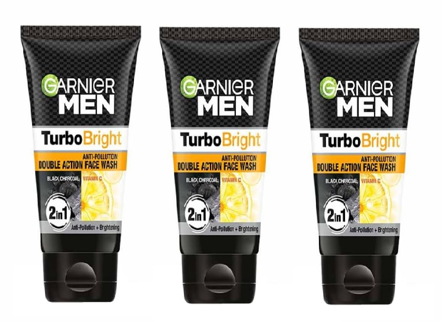 Garnier Men Turbo Bright Double Action Face Wash, Deep Cleansing Anti Pollution Face Wash With Charcoal And Vitamin C, 50G (Pack