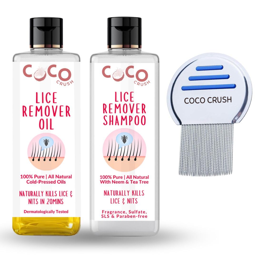 Coco Crush Ayurvedic AntiLice Combo: Lice Removal Oil, Lice Shampoo & Lice Comb | 100% Natural | Single Wash Treatment | Safe F