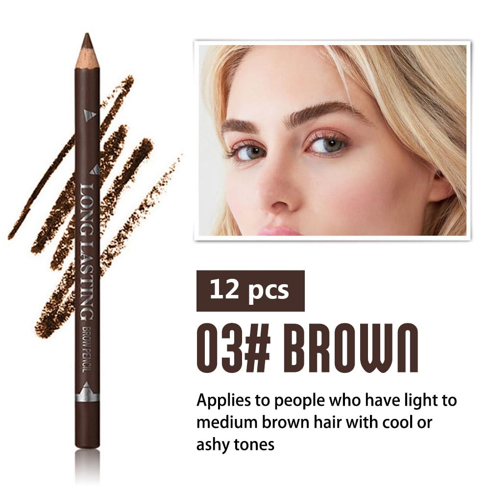 FeiCuiYun 12Pcs Medium Brown Eyebrow Pencil Set - Waterproof, Beginner-Friendly, Wooden Hard-Core Pencils