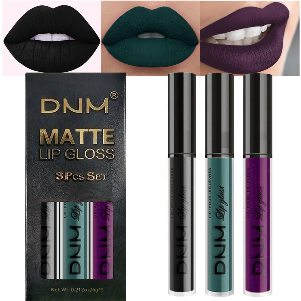 Amy'S Diary Matte Dark Green Purple Black Plum Liquid Lipstick 3Pcs Sets,24-Hour Lipstick Dark Deep Maroon Purple Plum Black Lip