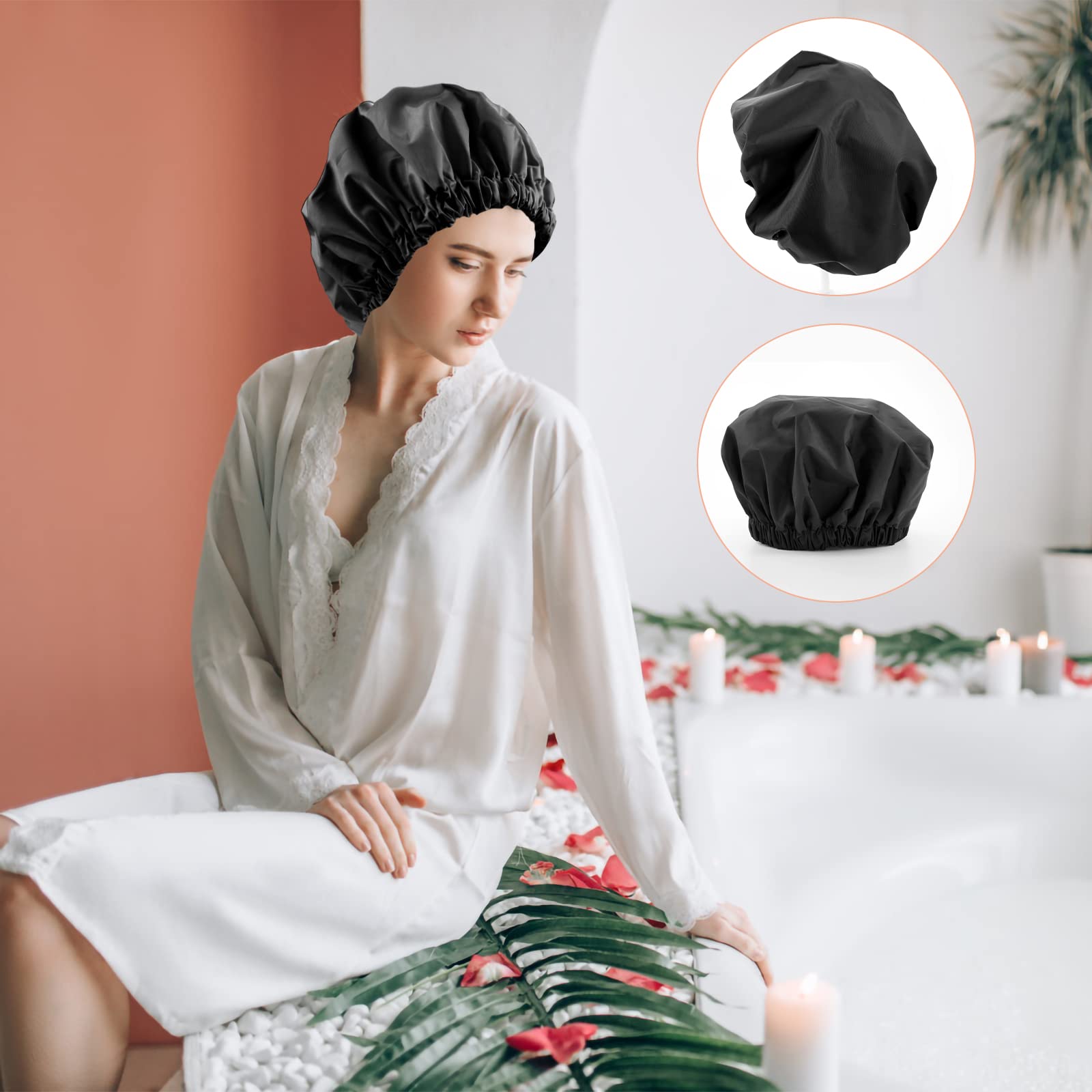 Reusable Shower Cap For Women, Large Waterproof Shower Bonnet Washable Elastic Band Bath Hair Hat For Long Hair, Braids(Black&Pu