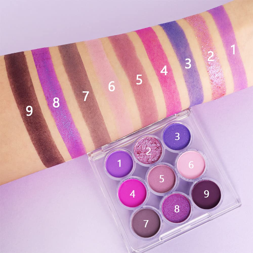 Waterproof 9 Colors Shimmer Matte Eyeshadow Palette.Longwearing Highly Pigmented Glitter Powder Palet.Matt Pink Shiny Purple Eye