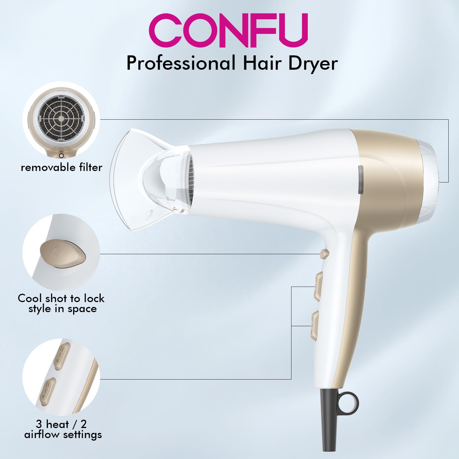 CONFU Hair Dryer, Blow Dryer with Ionic Conditioning,Lightweight Hair Dryer for Home and Travel, Durable 1875W High Power Hair D