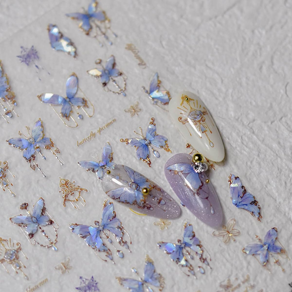 Butterfly Nail Art Stickers Decals 5D Butterfly Nail Stickers Blue Seashell Shinny Butterfly Nails Design 5D Embossed Nail Decal