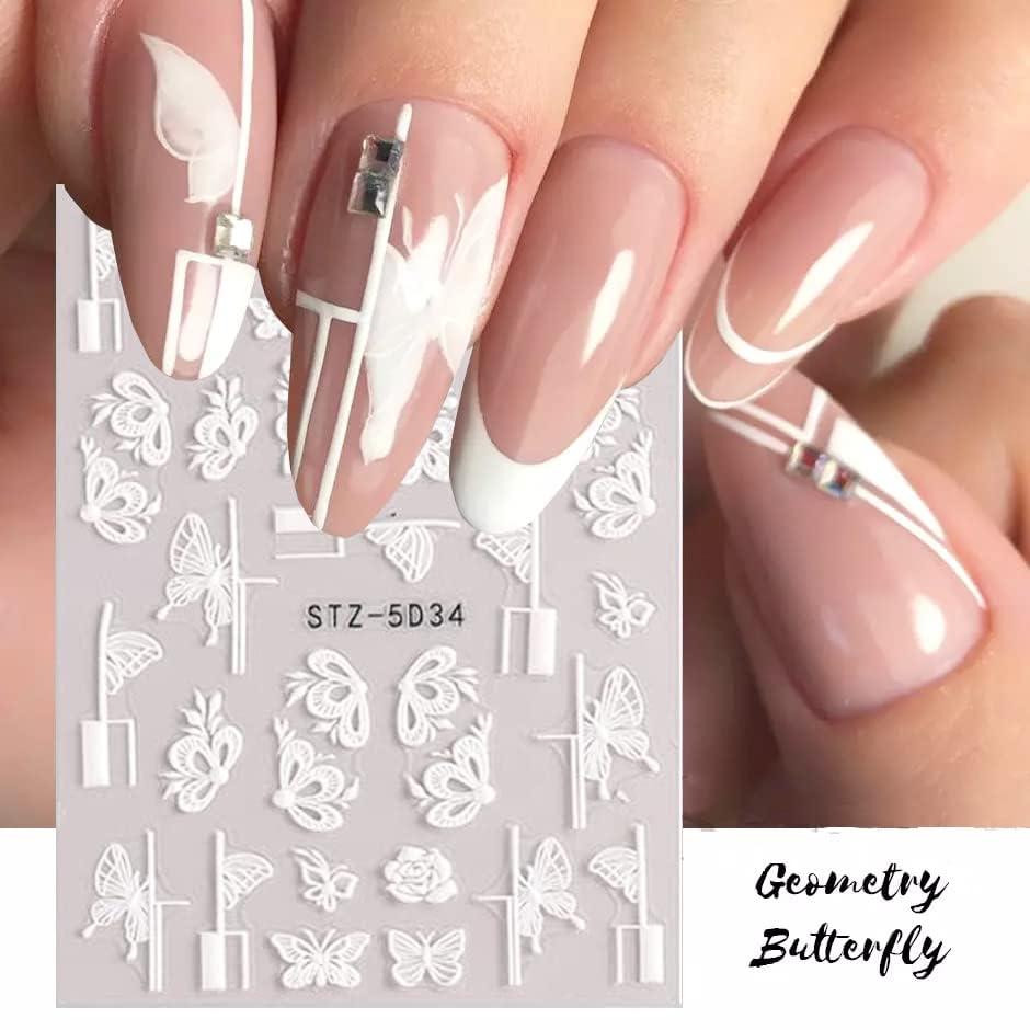 Votacos Flower Nail Stickers For Nail Art 5D Embossed Engraved Nail Decals 3D Spring Summer Nail Supplies Accessories White Blue